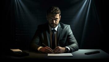 AI generated business man dressed in shirt and tie sitting at desk with laptop and pen photo