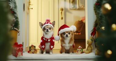 ai generado dos chihuahua perros en Papa Noel sombreros sentado en frente puerta foto