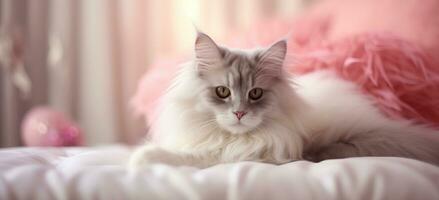 AI generated fluffy cat laying in bed with pink pillows photo