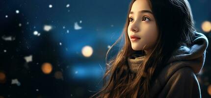 AI generated girl looking at snowflake lights photo