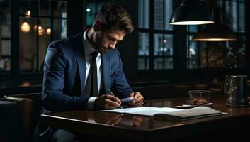 ai generado negocio hombre vestido en camisa y Corbata sentado a escritorio con ordenador portátil y bolígrafo foto