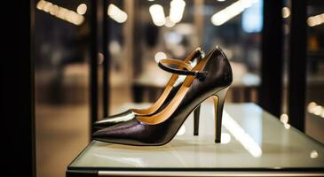 AI generated high heel black shoes in wardrobe at a fashion boutique in a fashion district photo