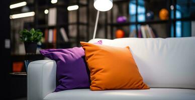 ai generado blanco sofá con púrpura y oscuro marrón almohadas en el oficina habitación foto