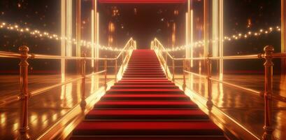 AI generated scene with golden railings and red carpet near lights photo