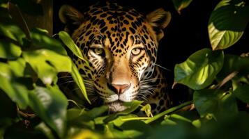 ai generado un hermosa y elusivo jaguar compañeros fuera desde detrás un árbol foto