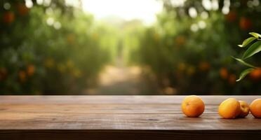 AI generated wooden table in an orange orchard photo