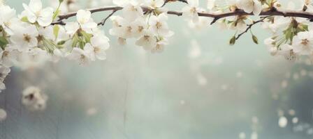 AI generated white blossom flowers on a wood table photo