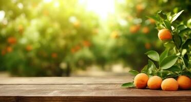 AI generated wooden table in an orange orchard photo