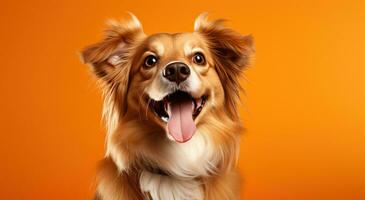 ai generado canino sonriente en el frente de un naranja antecedentes foto