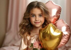 AI generated smiling girl holding 8 gold foil balloons with a tulip in hands photo