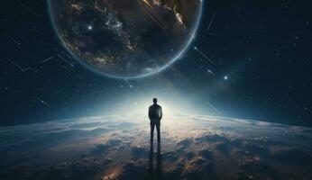 AI generated man standing on the earth looking at earth from space photo
