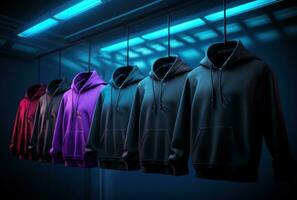 AI generated hoodie hanging with neon lights photo