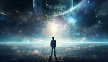 AI generated man standing on the earth looking at earth from space photo