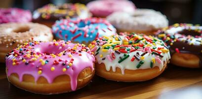 AI generated colorful sprinkled donuts on a table, photo