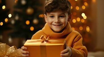 AI generated little boy with a golden gift box photo