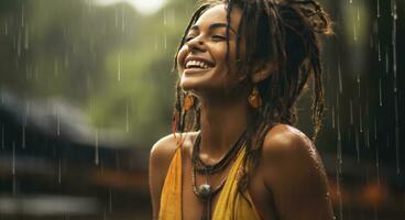 AI generated smiling lady in rain laughing in the background photo