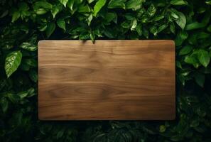 AI generated a wooden board surrounded by green leaves photo