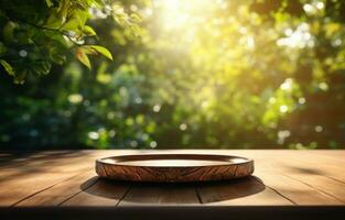 ai generado vacío de madera plato en cubierta con luz de sol detrás foto