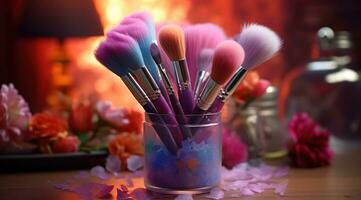 AI generated an image shows a small group of makeup brushes photo