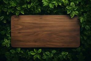 AI generated a wooden board surrounded by green leaves photo