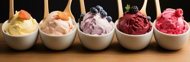 AI generated five spoon selections with four varieties of ice cream on one side and berries photo
