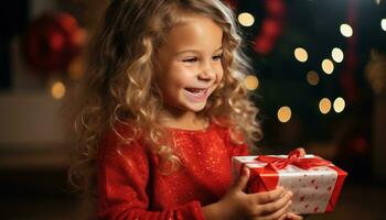 AI generated a young girl holding a red gift and laughing, photo