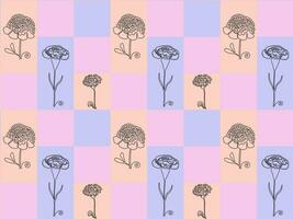 Seamless pattern of rectangles in pastel colors and peony, carnation, cornflower one continuous line art vector