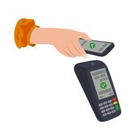 Pay for purchases using a phone with an NFC system. Vector illustration of a hand with a mobile phone and a terminal in flat style.