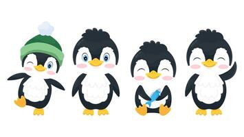 Set of vector illustrations of a cute penguin in a flat style. Antarctic bird. Cute cartoon penguin character.