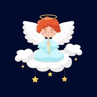 Angel with wings and halo in flat style. A little angel prays on a cloud with stars. vector