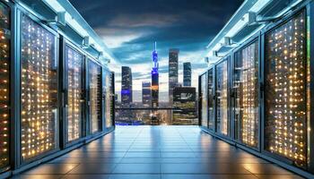 AI generated data center with view of the city skyline in modern metropolis photo