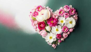 AI generated Heart shape made of flowers, Valentine day concept photo