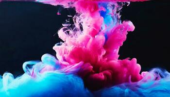 ai generado resumen vistoso rosado y azul colorante en agua en oscuro antecedentes. foto