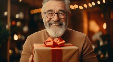 AI generated older happy man giving a present photo