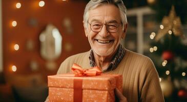 AI generated older happy man giving a present photo