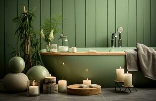 AI generated green bathroom with candle, bamboo brush, candle, hair dryer and soap photo