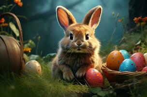 AI generated bunny near easter eggs and basket on grass, photo