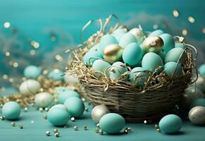 AI generated basket filled with easter eggs decorated with colors, photo