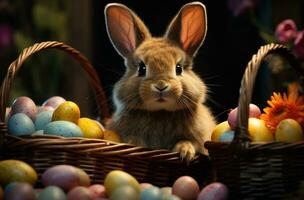 AI generated bunny near easter eggs and basket on grass, photo