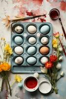 ai generado un Pascua de Resurrección bandeja contiene pintar y huevos, foto