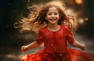 ai generado niña en rojo corriendo en medio de el lluvia foto