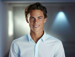 AI generated smiling young man wearing white shirt photo