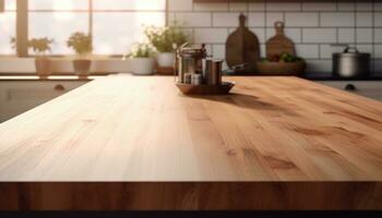 AI generated the counter top of a kitchen is white and wooden photo