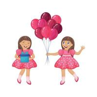 Twin girls congratulate each other on their birthday. Girls with gifts and balloons. Cute girls in cartoon style with gifts. Vector illustration