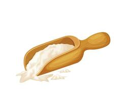 Wooden scoop with flour. Flour for the preparation of bakery products in a wooden scoop. Wooden spoon with flour. Vector illustration isolated on a white background