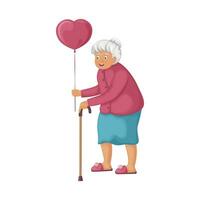 Granny with a balloon in the shape of a heart. A sweet grandmother is holding a balloon in her hands. Cheerful elderly woman with a stick on Valentine s day. Vector illustration