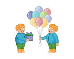 Twin boys congratulate each other on their birthday. Boys with gifts and balloons. Cute boys in cartoon style with gifts. Vector illustration