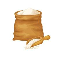 Flour. A large bag of flour. Flour in a bag and a wooden scoop. Raw materials for making bread. Vector illustration isolated on a white background