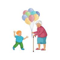 Grandmother and grandson. Cute illustration of a grandmother who gives him balloons. An elderly woman congratulates a little boy. Vector illustration in cartoon style