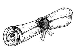 Diploma, close up of paper scroll with ribbon and seal. Graduation Degree Scroll sketch. Education certificate graduation scroll vector